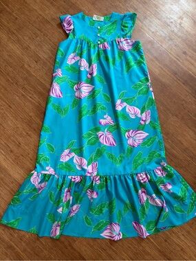 Vintage Hilo Hattie Hawaiian Muumuu Dress Large Blue Floral Anthurium Ruffle Hem